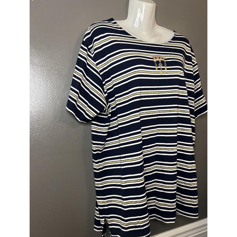Vintage Needle & Threads Shirt Womens XL Navy Gold Striped Nautical 90s - Picture 3 of 9